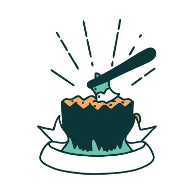 Ağaç kütüğünde dövme stili baltası olan kaydırma pankartı