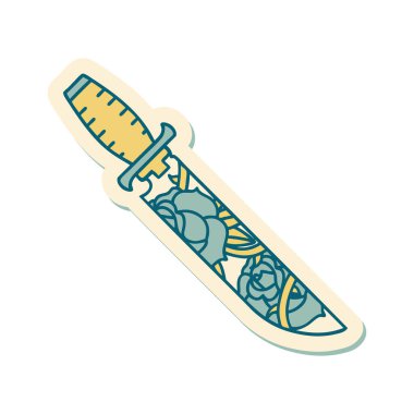 Geleneksel bir hançer ve çiçek stili dövme çıkartması.