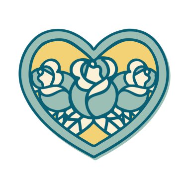 Geleneksel kalp ve çiçek stiliyle dövme çıkartması.