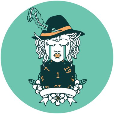 Ağlayan Elf Ozan karakteri ikonu ve doğal bir D20 rulo