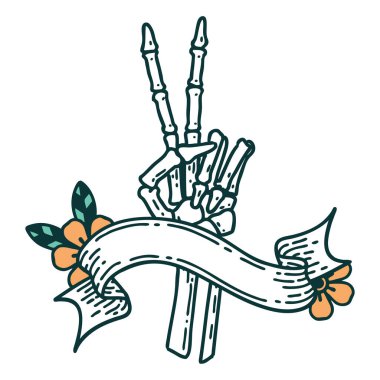 İskelet dövmeli geleneksel dövme barış işareti veriyor. 