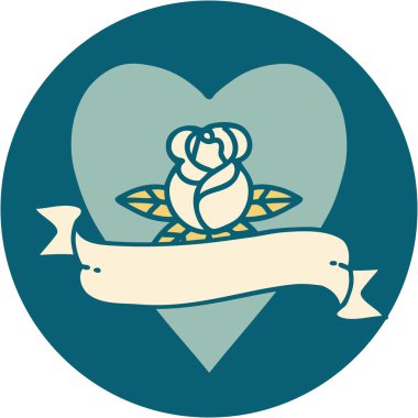 İkonik dövme tarzı bir kalp gülü ve bayrağının görüntüsü 