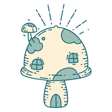 Geleneksel dövme stili mantar evi çizimi