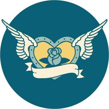 Çiçek ve bayrak taşıyan uçan bir kalbin ikonik dövme görüntüsü