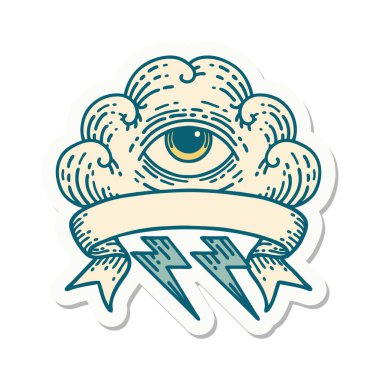 Her şeyi gören bir göz bulutunun bayrağına sahip dövme stili çıkartması