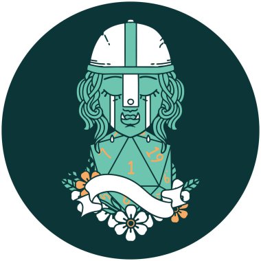 Ağlayan Ork savaşçı karakteri yüzü ve doğal bir D20 rulo.