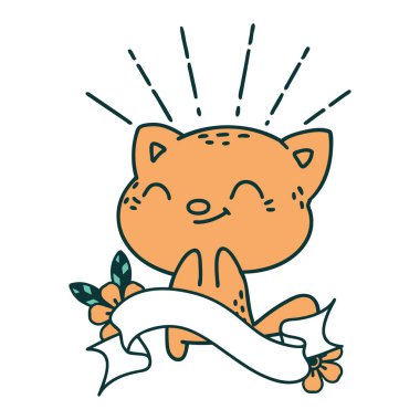 Dövme stili mutlu kedili parşömen.