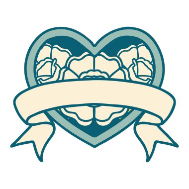 ikonik dövme stili bir kalp ve çiçekli pankart