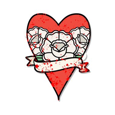 Geleneksel bir kalp stili ve çiçekli pankart dövmesi.