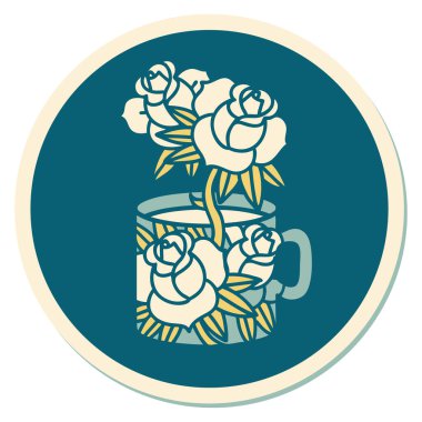 Geleneksel bir fincan ve çiçek stili dövme çıkartması.