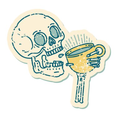 Kafatasının kahve içtiği sembolik dövmeli bir resim.