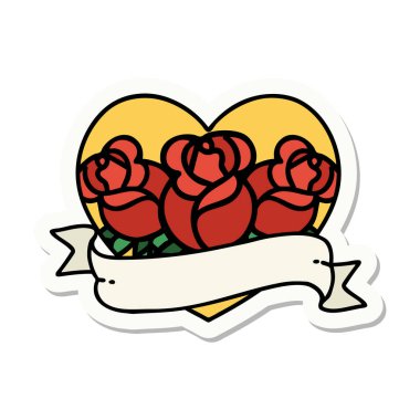 Geleneksel kalp stili dövme çıkartması ve çiçekli pankart.