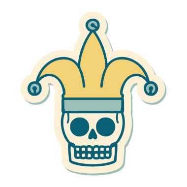 Geleneksel bir kafatası soytarısı stiliyle dövme çıkartması.