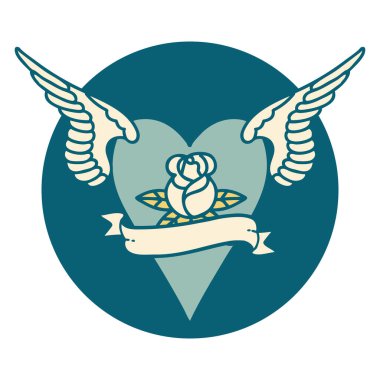 Çiçek ve bayrak taşıyan uçan bir kalbin ikonik dövme görüntüsü