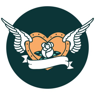 Çiçek ve bayrak taşıyan uçan bir kalbin ikonik dövme görüntüsü