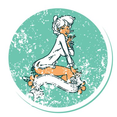 İkonik sıkıntılı dövme stili. Pankartlı tişört giyen bir kız resmi.