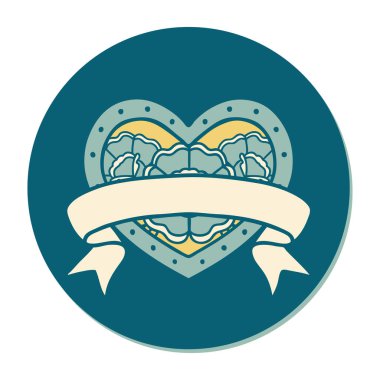 Geleneksel kalp stili dövme çıkartması ve çiçekli pankart.