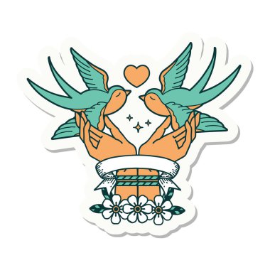 Elleri bağlı ve kırlangıçları olan dövme stili etiketi