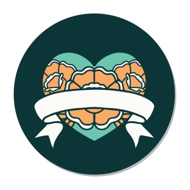 Geleneksel kalp stili dövme çıkartması ve çiçekli pankart.