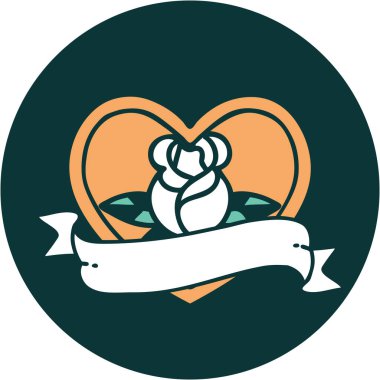 İkonik dövme tarzı bir kalp gülü ve bayrağının görüntüsü 