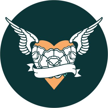 ikonik dövme stili kanatlı kalp görüntüsü çiçekler ve bayrak