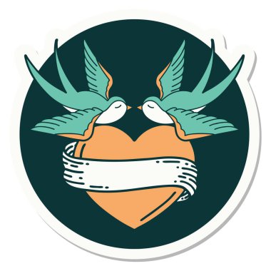 Geleneksel kırlangıç stili dövme çıkartması ve sancaklı bir kalp