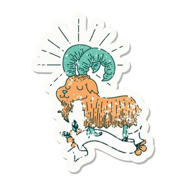 Dövme stili eski bir çıkartma. Mutlu keçi.