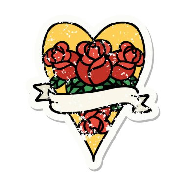 Geleneksel bir kalp stili ve çiçekli pankart dövmesi.