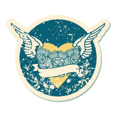 ikonik sıkıntılı etiket dövme stili kanatlı kalp resmi çiçekler ve bayrak