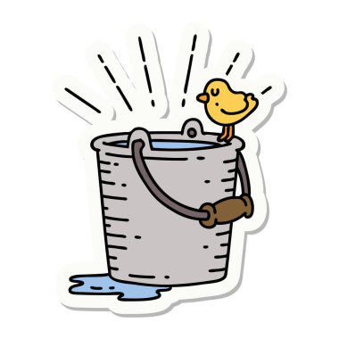 Bir kova suya konmuş dövme stili bir kuşun çıkartması.