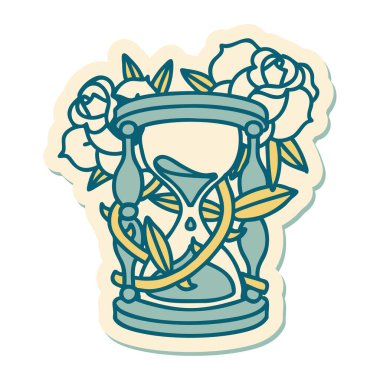 Geleneksel bir saat bardağı ve çiçek stili dövme çıkartması.