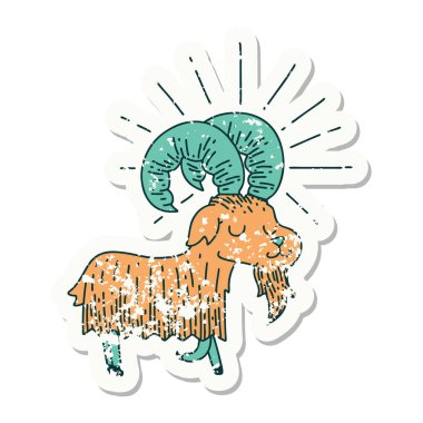 Dövme stili eski bir çıkartma. Mutlu keçi.