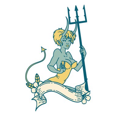 İkonik dövme stili. Sancaklı şeytan kız figürü.