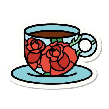 Geleneksel bir fincan ve çiçek stili dövme çıkartması.