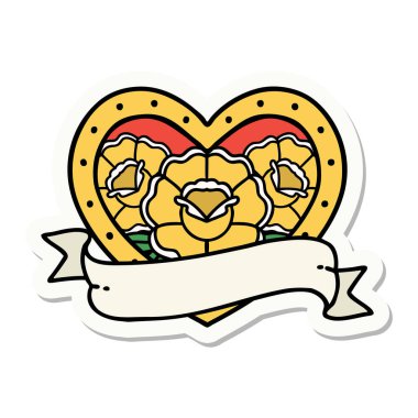 Geleneksel kalp stili dövme çıkartması ve çiçekli pankart.