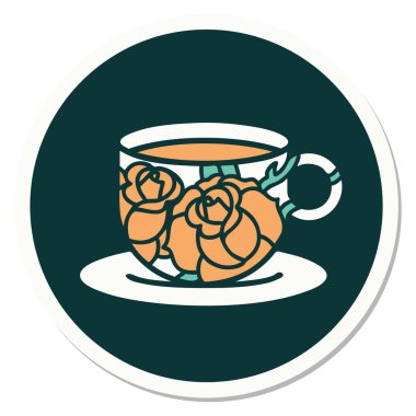 Geleneksel bir fincan ve çiçek stili dövme çıkartması.