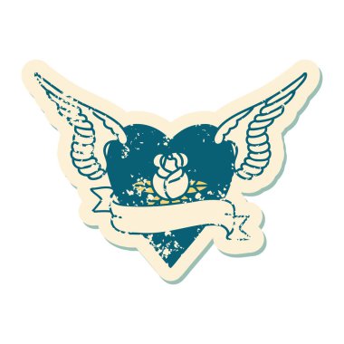 İkonik sıkıntılı dövme stili. Kalbin kanatlı görüntüsü. Bir gül ve bayrak.