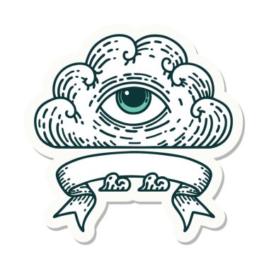 Her şeyi gören bir göz bulutunun bayrağına sahip dövme stili çıkartması