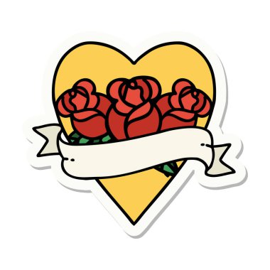 Geleneksel kalp stili dövme çıkartması ve çiçekli pankart.