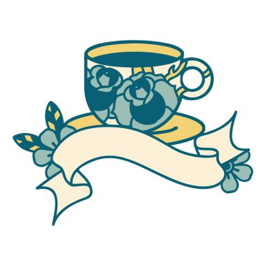 Geleneksel dövmeli, fincanlı ve çiçekli