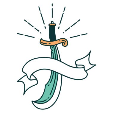 Dövme stili kılıç ile parşömen bayrağı