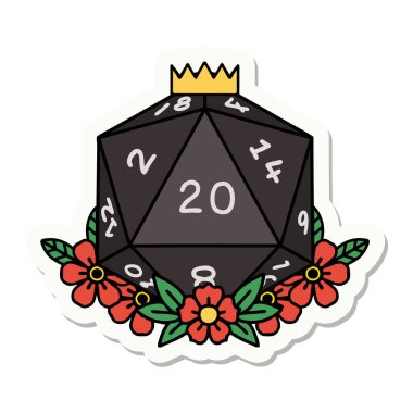 Doğal bir 20 D20 zarının çıkartması. Çiçekli elementlerle birlikte.