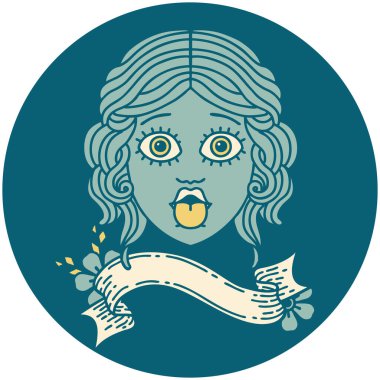 Dili dışarı çıkmış kadın yüzü pankartıyla dövme simgesi