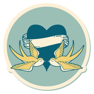 Geleneksel kırlangıç stili dövme çıkartması ve sancaklı bir kalp