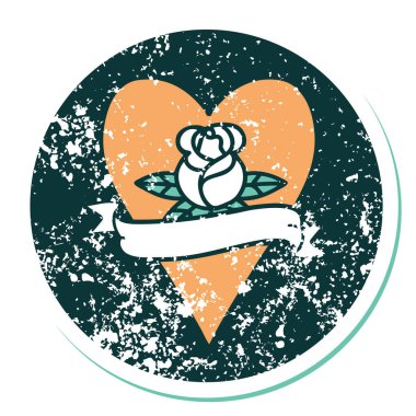 İkonik ıstıraplı dövme stili kalp gülü ve bayrağın görüntüsü 