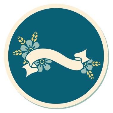 Dövme çıkartması geleneksel bir bayrak ve çiçek stili.