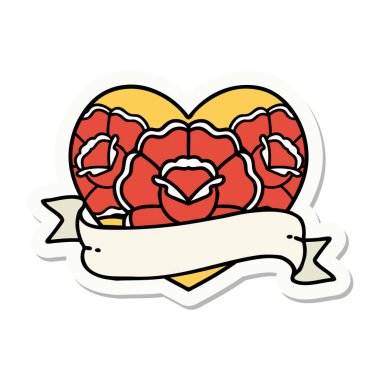 Geleneksel kalp stili dövme çıkartması ve çiçekli pankart.