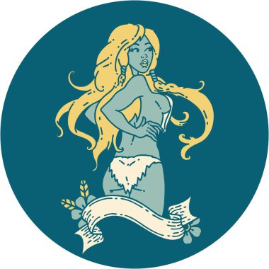 Geleneksel stil dövmeli pankartlı Viking kız dövmesi.