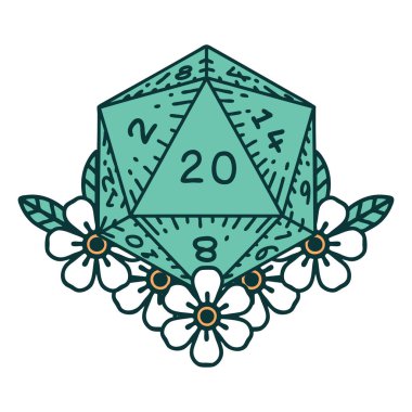 Retro Dövme Biçimi Doğal 20 D20 zarlar Çiçekli elementlerle yuvarlanır