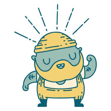 Geleneksel dövme stili, sakallı, pazılarını esneten bir adamın resmi.